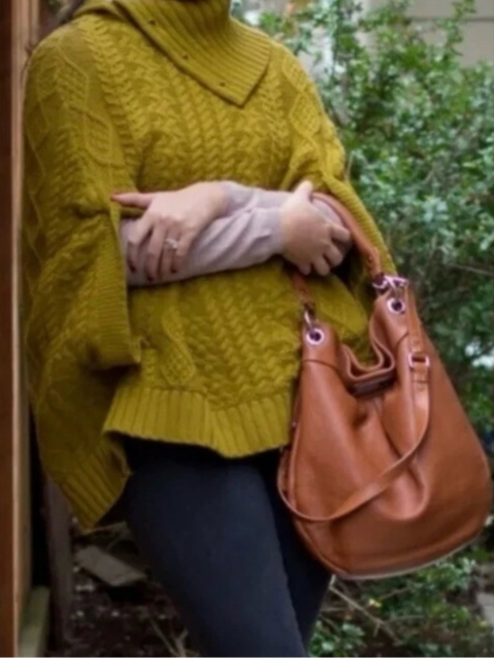 Olive Cable-Knit Turtleneck Poncho Sweater